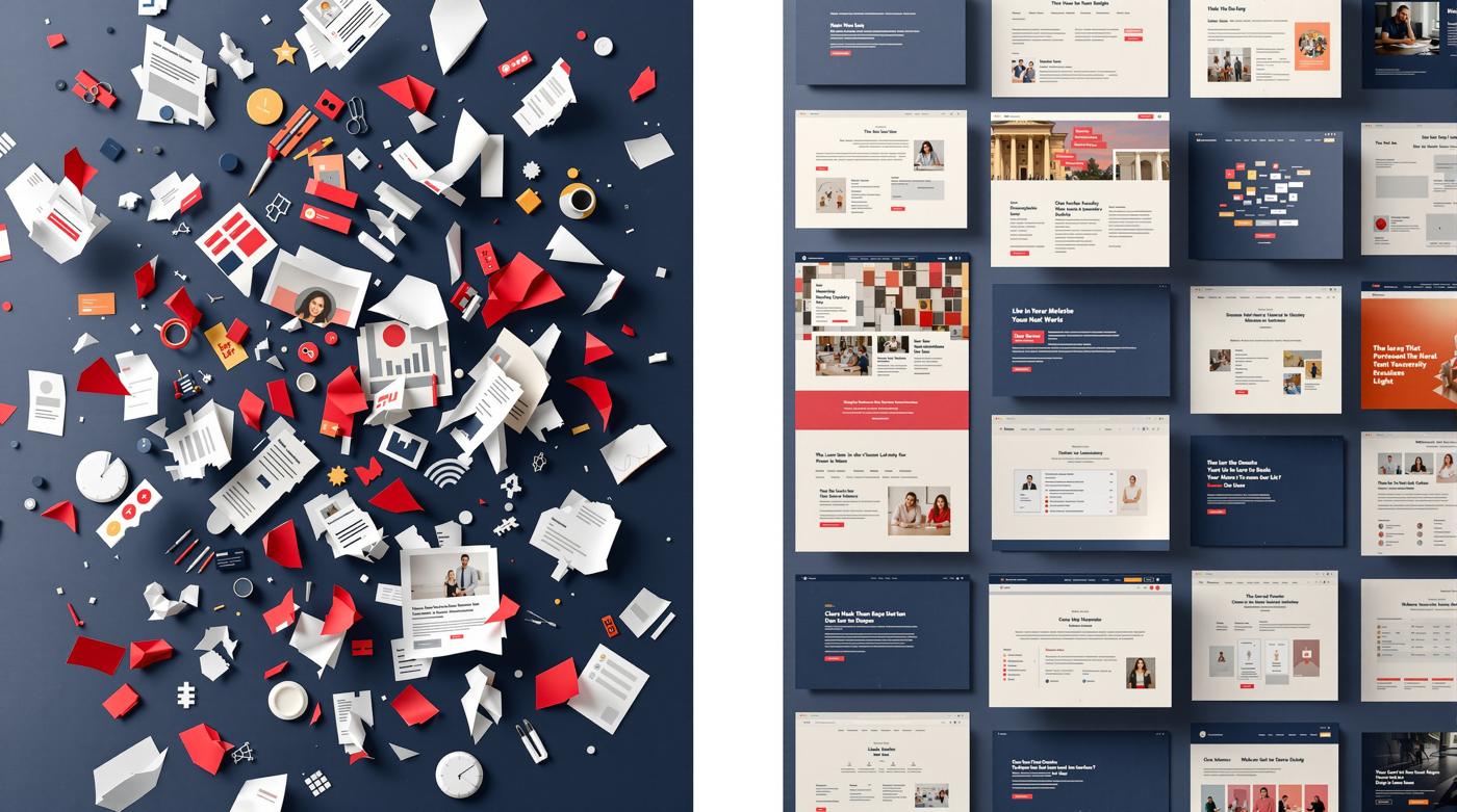 Illustration: scattered, mismatched web page fragments on the left snap into an orderly grid of consistent pages on the right.