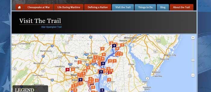 Star-Spangled Banner National Historic Trail site with an interactive map of trail sites around the Chesapeake.
