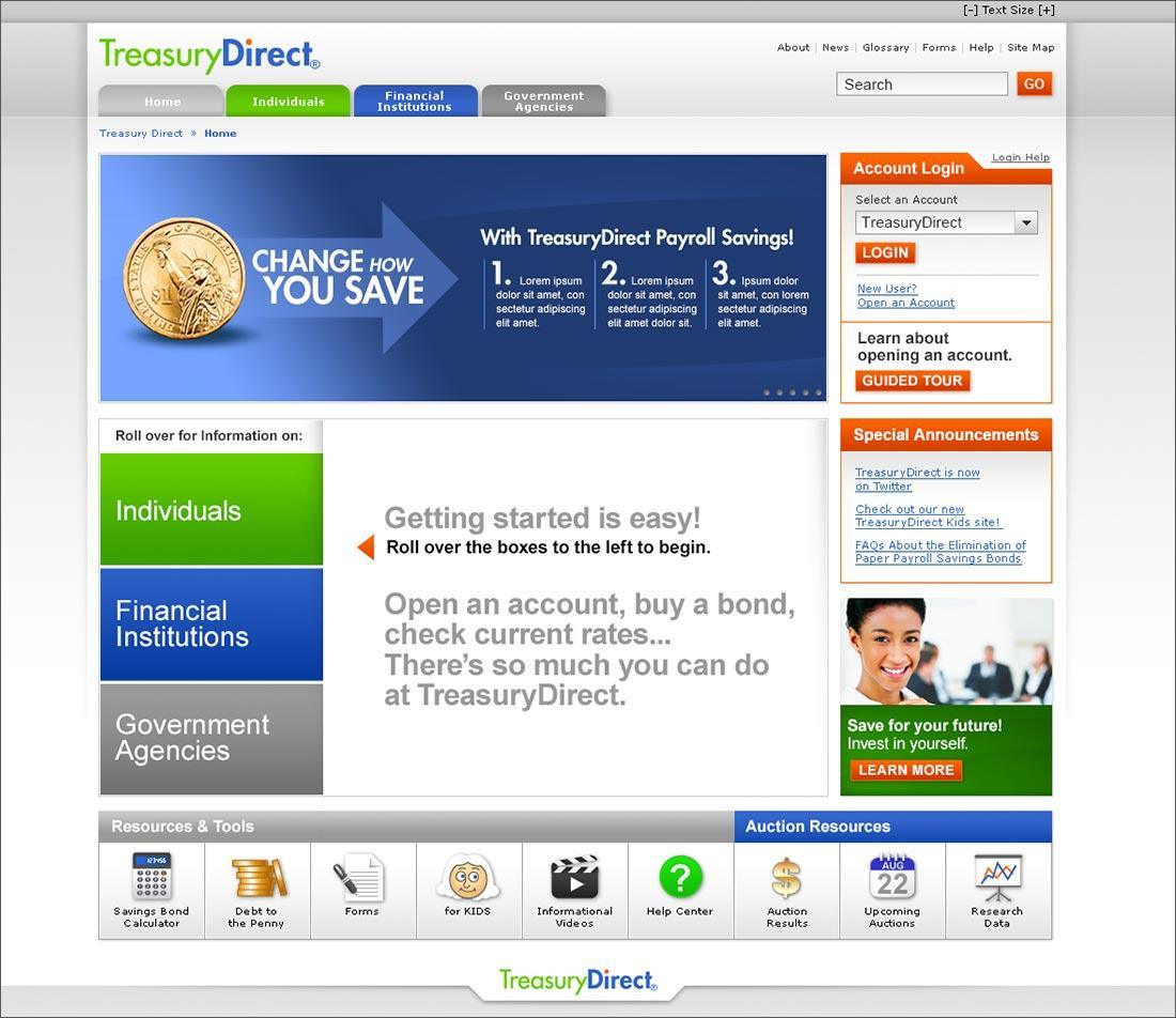 TreasuryDirect homepage with entry points for individuals, financial institutions and government agencies.