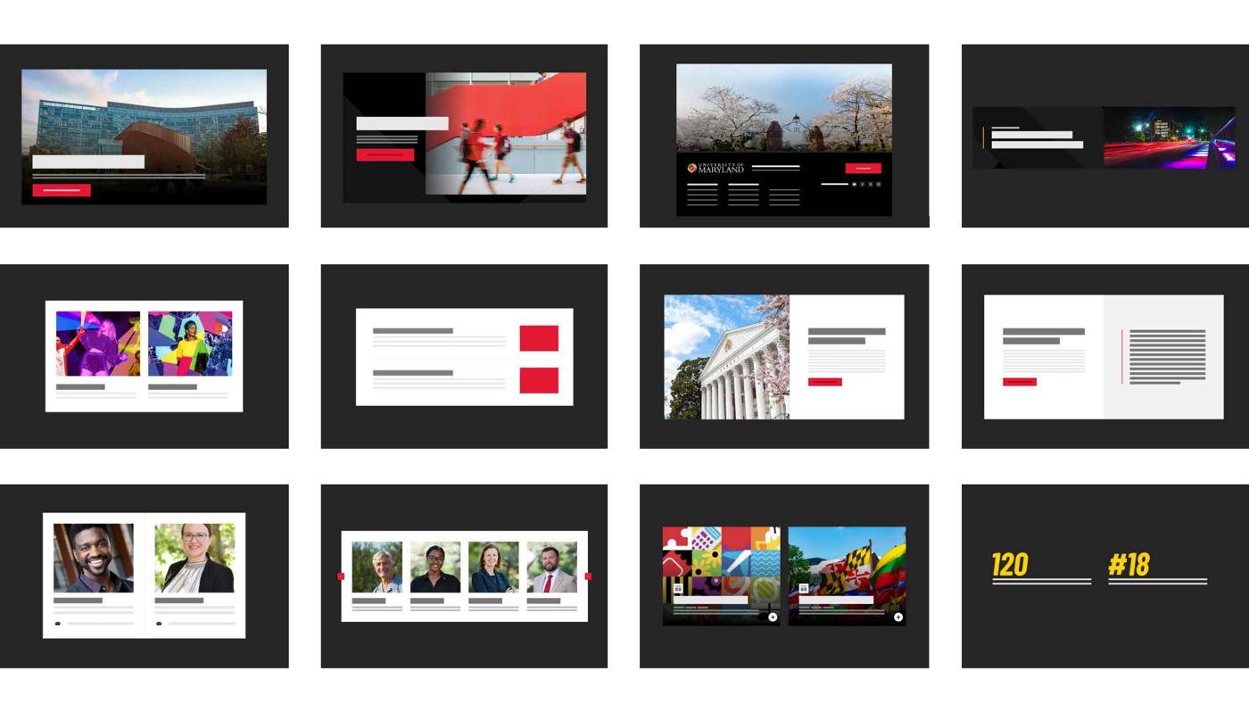 A grid of design system documentation pages showing heroes, cards, people profiles and statistic components on dark backgrounds.