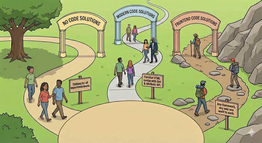 Illustration: three paths labeled no-code, modern code and expert code lead through a park to the same destination.